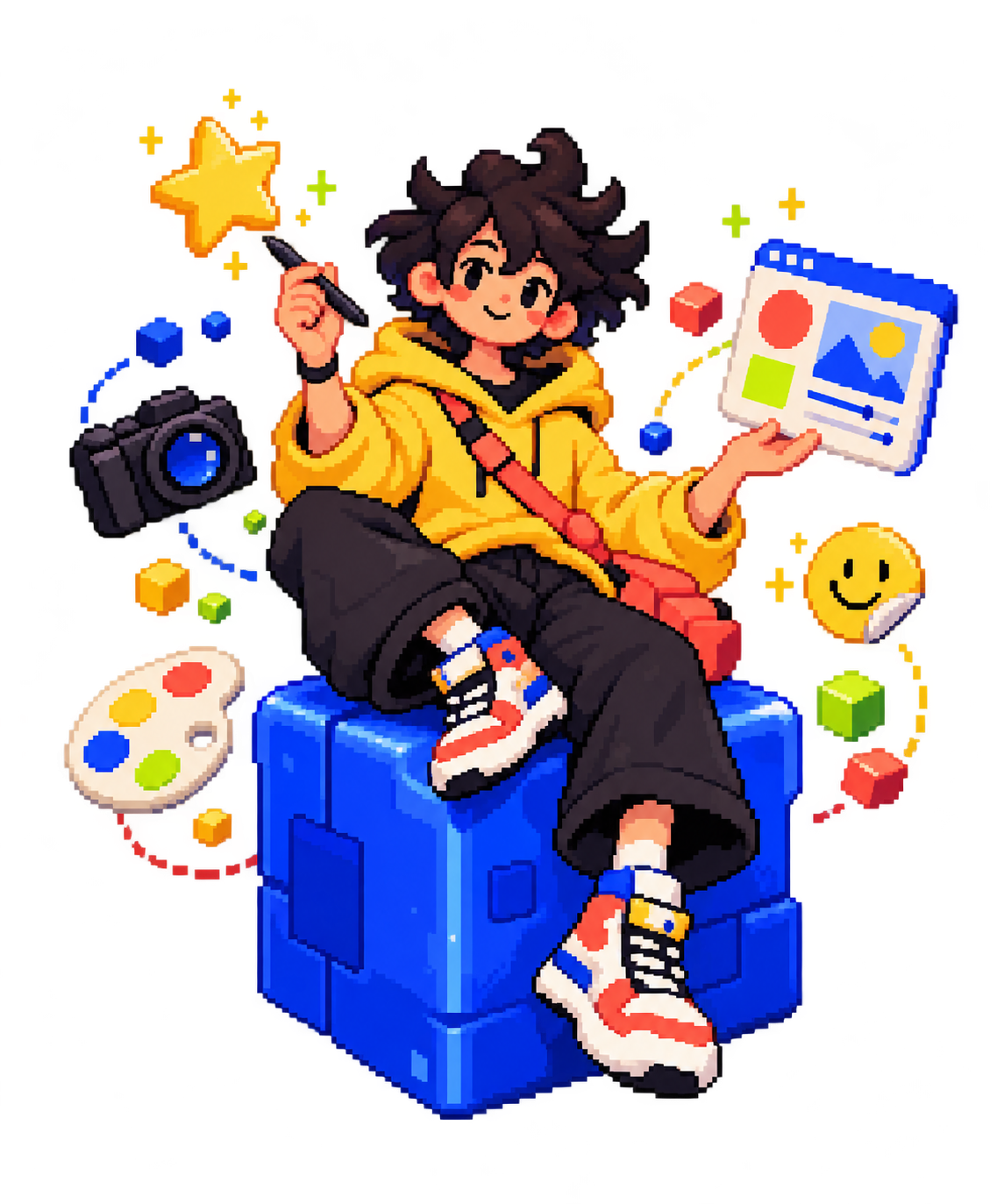 Pixel developer sitting on a blue block surrounded by creative tools